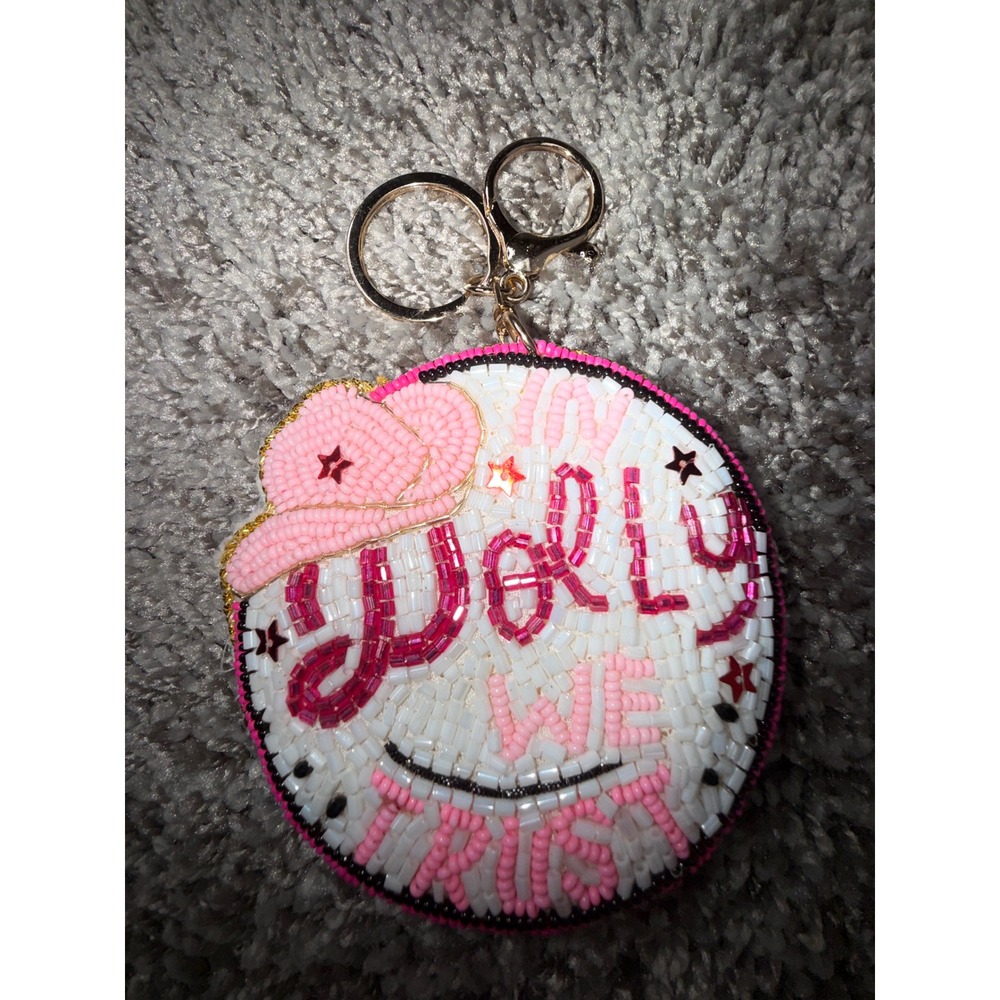 In Dolly We Trust Beaded Keychain Bag Charm Pink Cowgirl Hat Western Americana